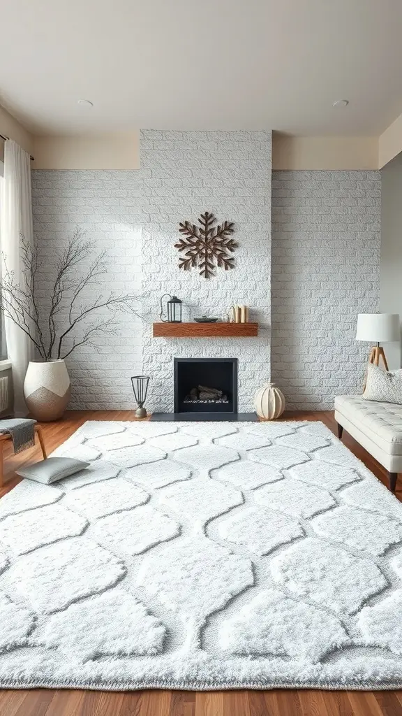 A cozy living room featuring a frosted rug with the phrase 'THE THRONE'S RILE', large windows showing a snowy landscape, and modern furniture.