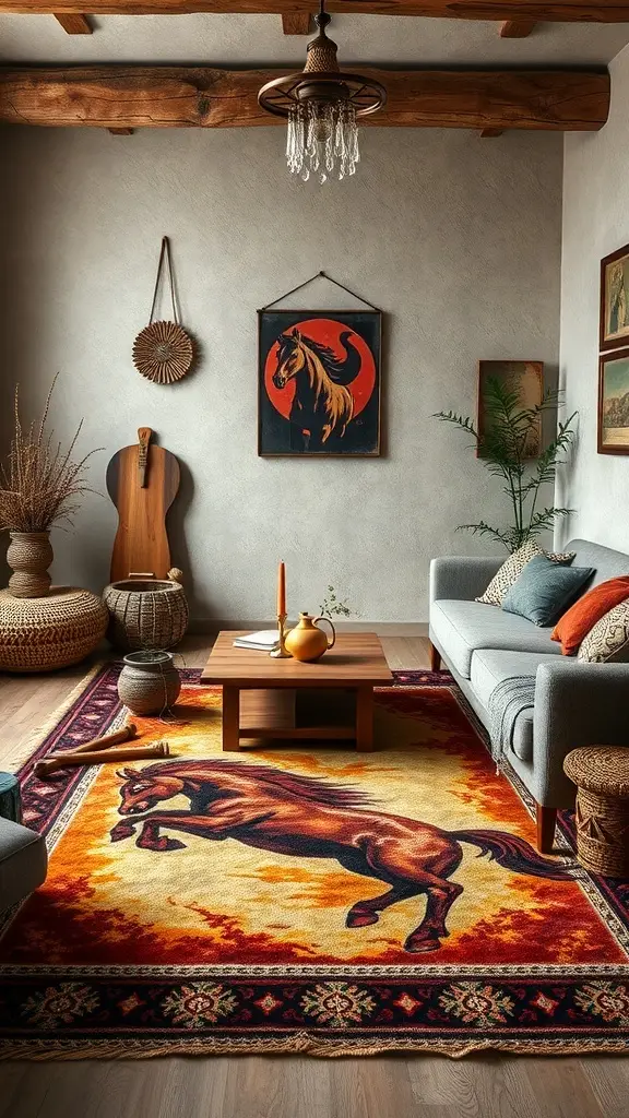 Dothraki horse print rug in a cozy living room setting