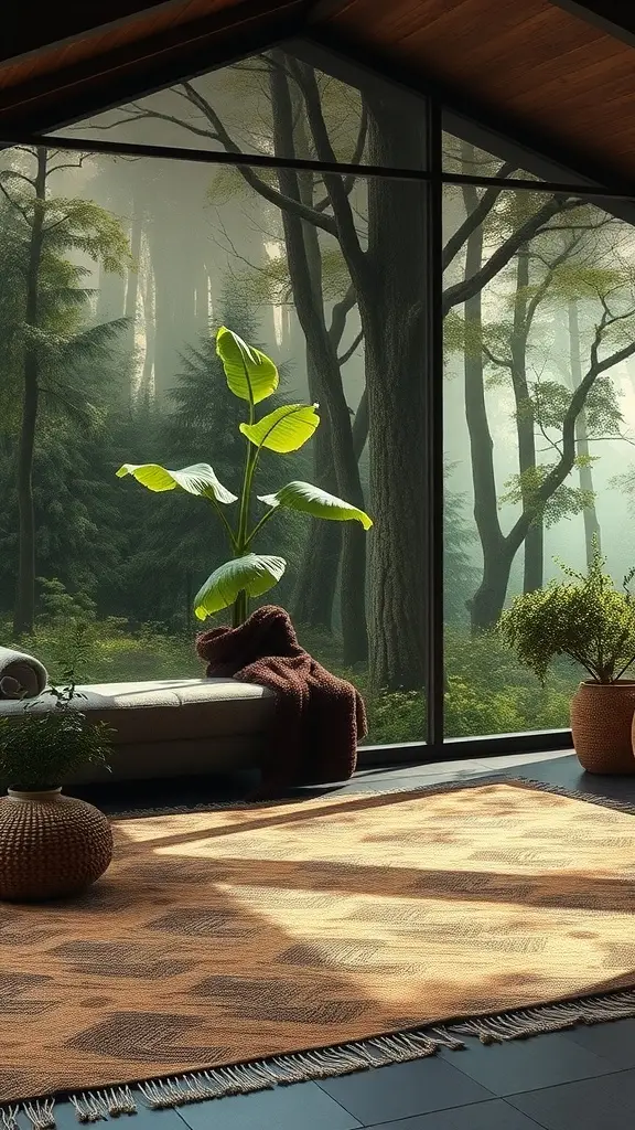 A cozy living room featuring a nature scene rug with animal prints, a large window with a forest view, and a comfortable couch.