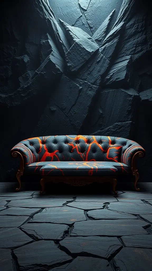 A couch with a lava print design, featuring deep blue fabric and vibrant orange and red patterns, set against a dark rocky backdrop.