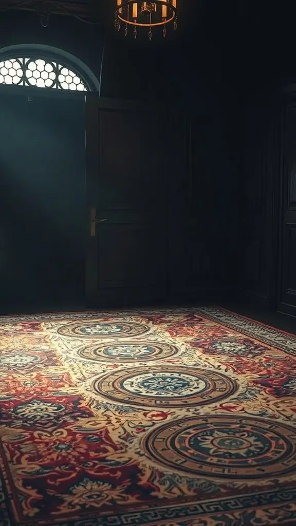 A richly patterned rug with circular designs in warm tones, set in a dimly lit room.