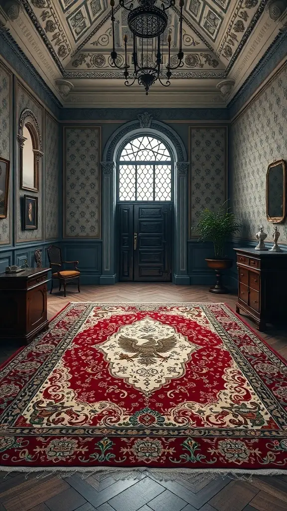 A regal rug with intricate designs and deep red colors, set in an elegant room.