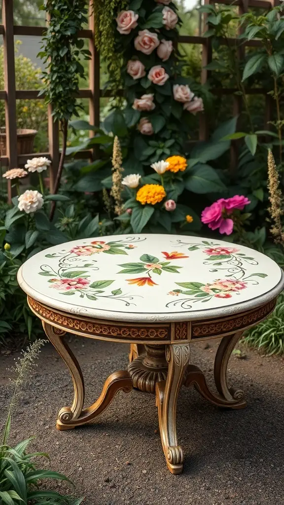 A vintage hand-painted table with floral designs surrounded by greenery and flowers.