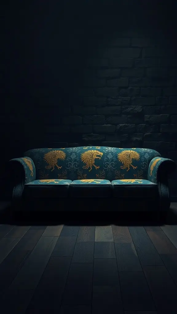 A couch with a deep blue fabric and golden motifs, inspired by Varys from Game of Thrones.