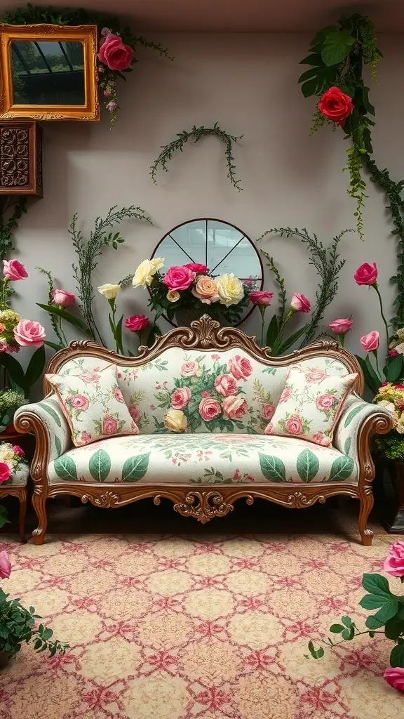 A beautifully decorated couch with floral accents and plush cushions, inspired by Margaery Tyrell's garden.