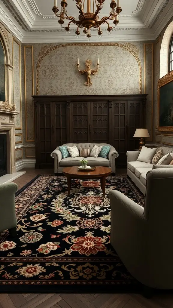 A living room featuring a floral rug with deep colors and a cozy couch, inspired by Sansa Stark's style.