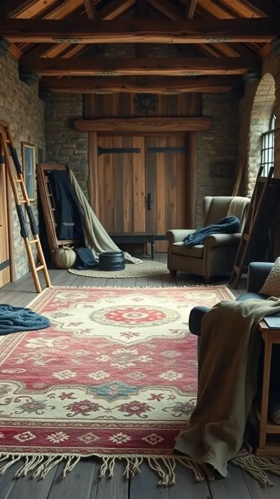 A sturdy rug with intricate patterns and warm colors, set in a cozy room.