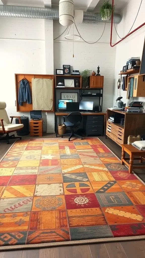 A Gendry's Forge inspired rug with bold lettering and warm colors, set in a cozy room with wooden furniture and wall decor.