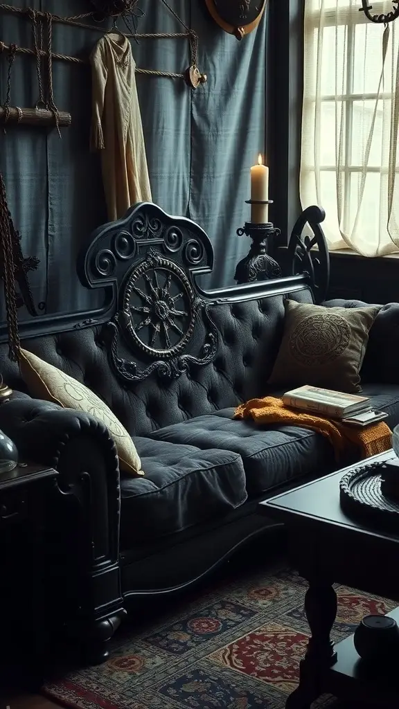 A dark tufted couch with intricate details, set in a cozy room with a candle and decorative items.