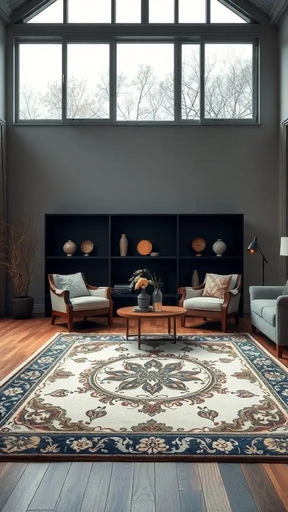 A beautifully designed rug with intricate patterns and soft colors, placed in a cozy living room setting.