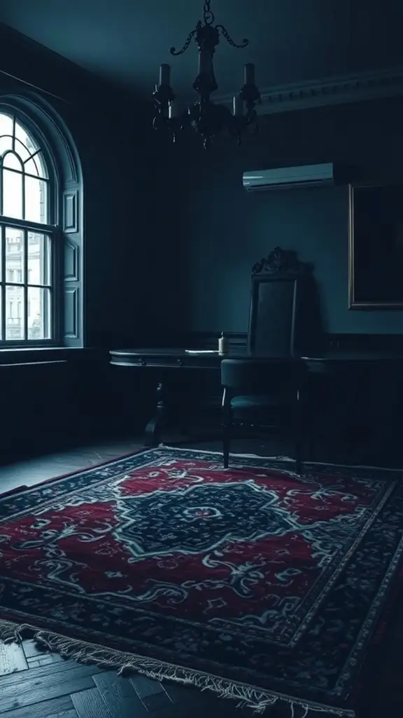 A dark rug with intricate patterns in a dimly lit room, reflecting a Game of Thrones theme.