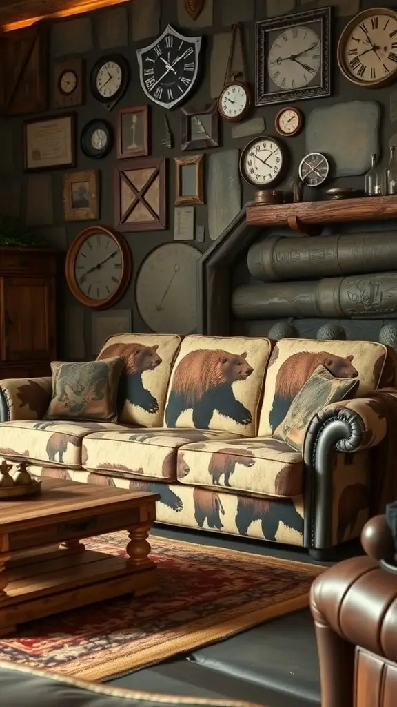 A bear print couch in a cozy room with various clocks and rustic decor.