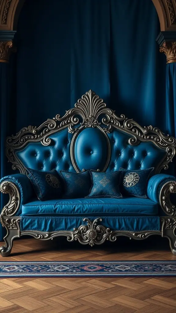 A regal blue couch with intricate silver detailing and plush cushions, inspired by Rhaegar Targaryen.