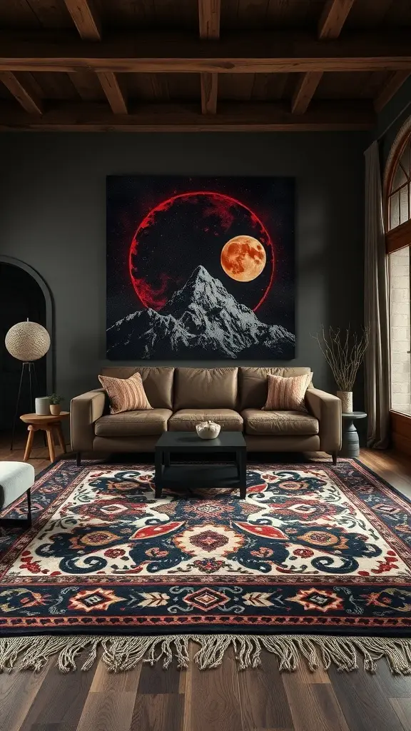 A cozy living room featuring a heavy duty rug with intricate patterns and a stylish couch, inspired by Game of Thrones.