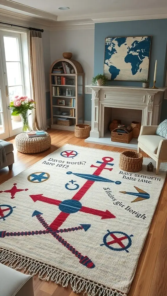 A nautical rug with the name 'DAVOS' and compass designs, set in a cozy room with a ship mural.