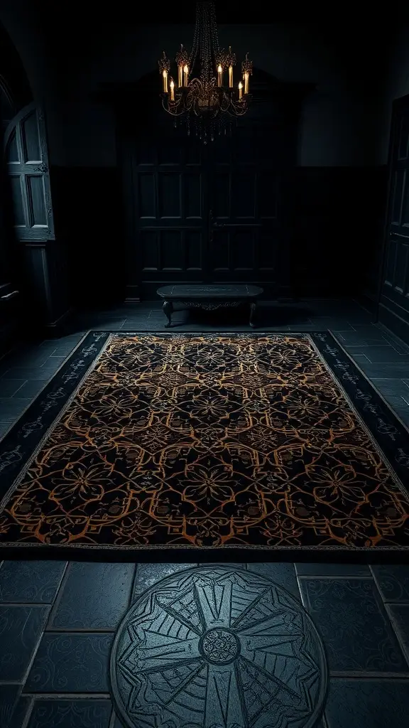 A dark, intricate rug with mysterious patterns, reflecting a gothic style.
