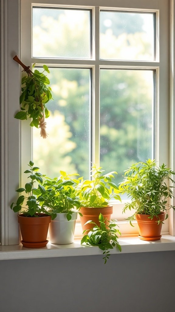 A sunny windowsill with various potted herbs like basil, mint, and parsley.