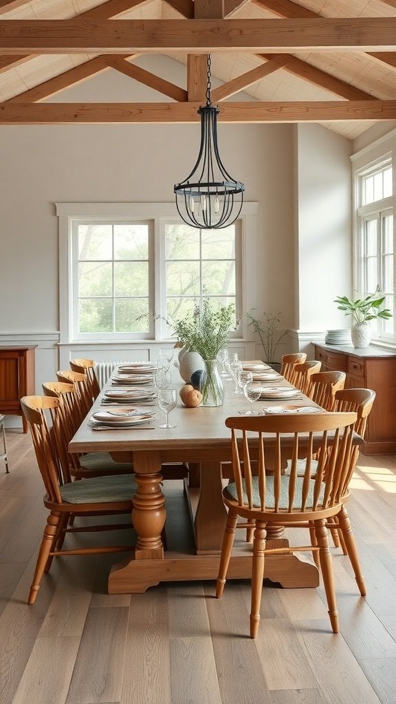 A large wooden farmhouse dining table surrounded by chairs, set for a meal with glassware and decorative elements.