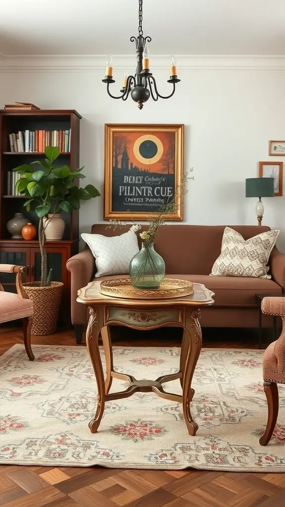 A vintage hand-painted table in a cozy living room setting, surrounded by comfortable seating and warm decor.