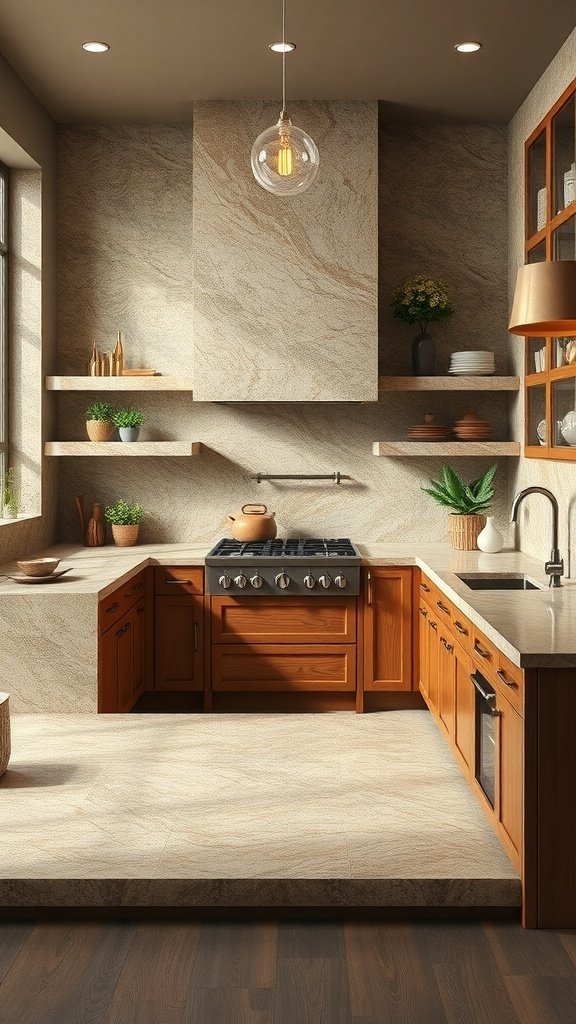 A farmhouse kitchen featuring natural stone countertops and wooden cabinetry, inspired by the riverlands of Game of Thrones.