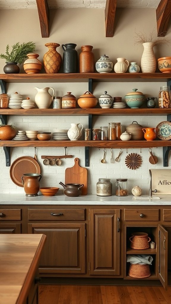 Open shelving in a farmhouse kitchen displaying handcrafted pottery and dishes.