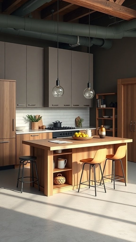 A stylish kitchen island in a modern farmhouse kitchen, featuring wooden cabinetry and contemporary lighting.