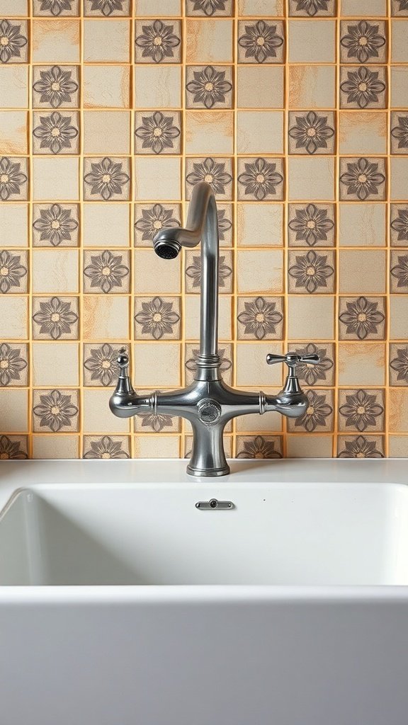 A classic farmhouse sink with a stylish faucet and patterned tiles in the background.