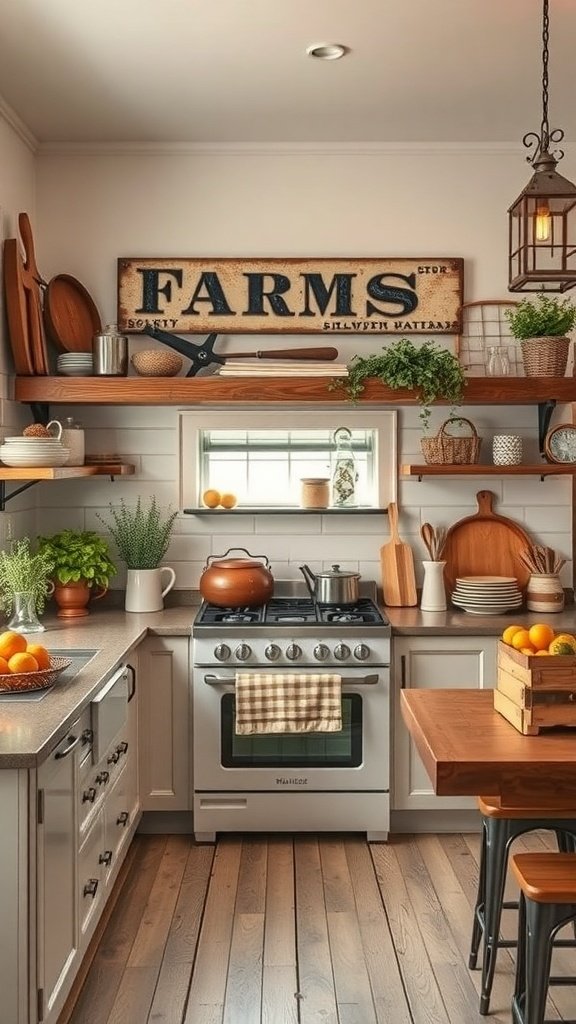 A cozy farmhouse kitchen with wooden shelves, a 'FARMS' sign, and warm lighting.