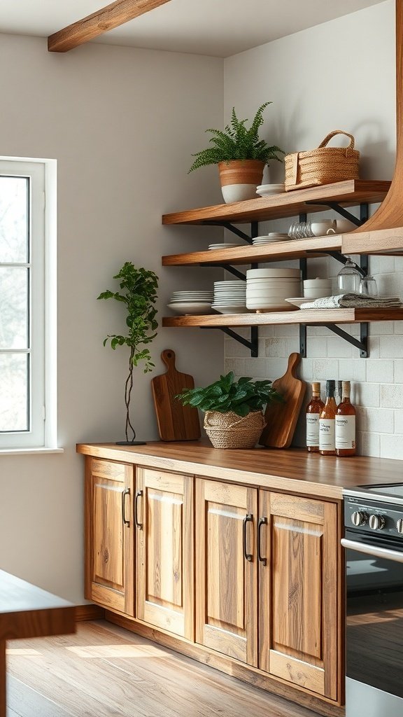 A cozy farmhouse kitchen featuring reclaimed wood cabinets and open shelves with plants and kitchenware.