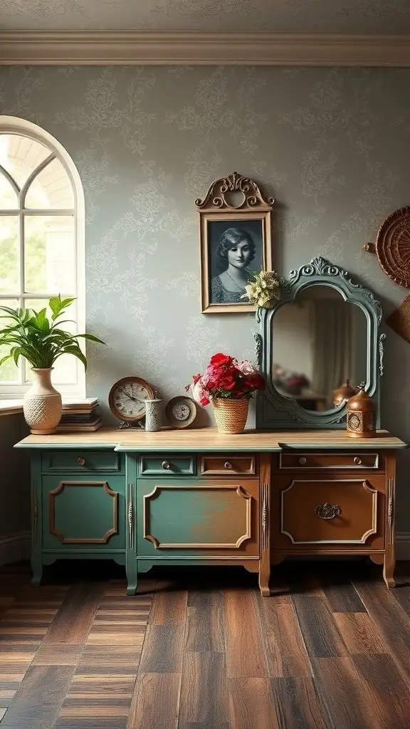 A vintage hand-painted sideboard in teal with wood accents, adorned with flowers and decorative items, set against a stylish interior.