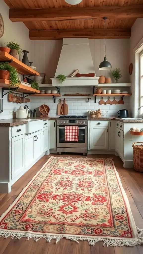 A cozy farmhouse kitchen with a vintage rug, wooden beams, and open shelves.