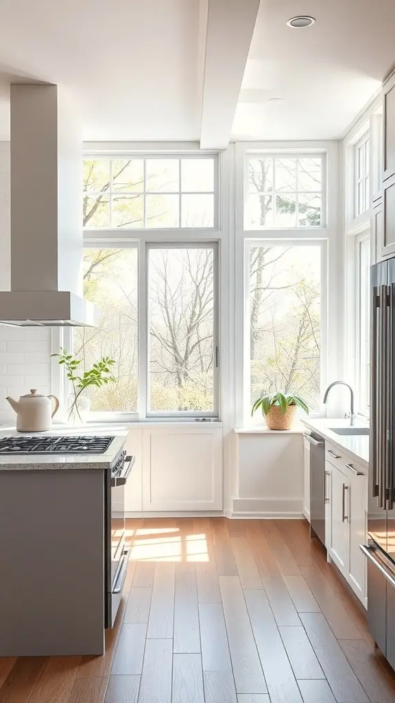 A cozy farmhouse kitchen with a vintage rug, wooden beams, and open shelves.