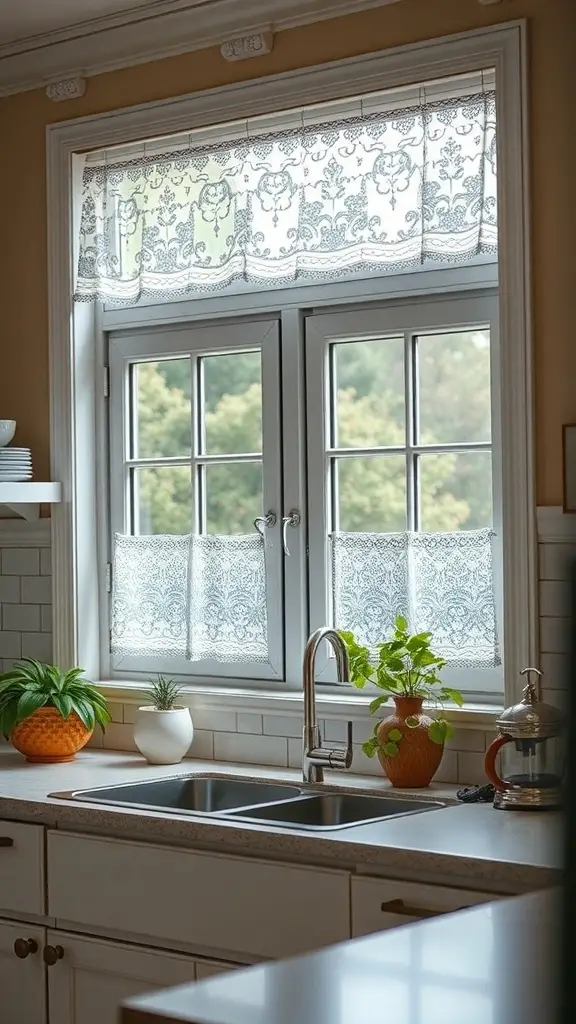 A kitchen window with lace curtains and plants on the sill