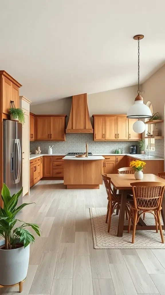 A bright farmhouse kitchen with wooden cabinets, a large island, and a dining table, designed for family gatherings.