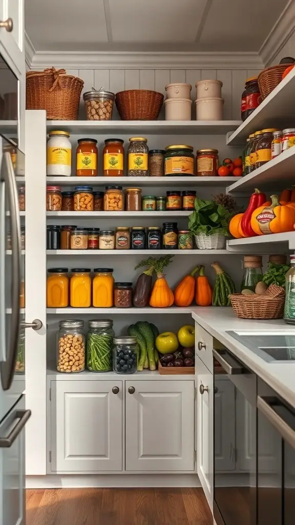 A well-organized farmhouse pantry with jars, baskets, and fresh produce.