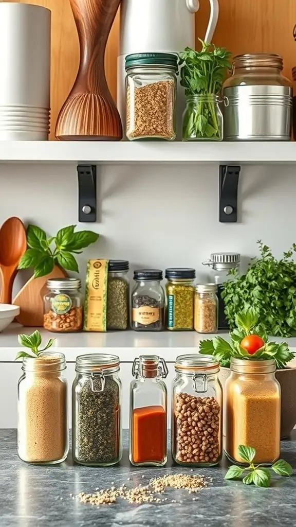 A display of jars filled with various spices and fresh herbs in a farmhouse kitchen setting.