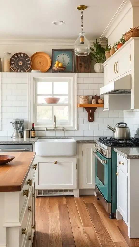A cozy farmhouse kitchen featuring a mix of old and new appliances, with white cabinetry and wooden shelves.