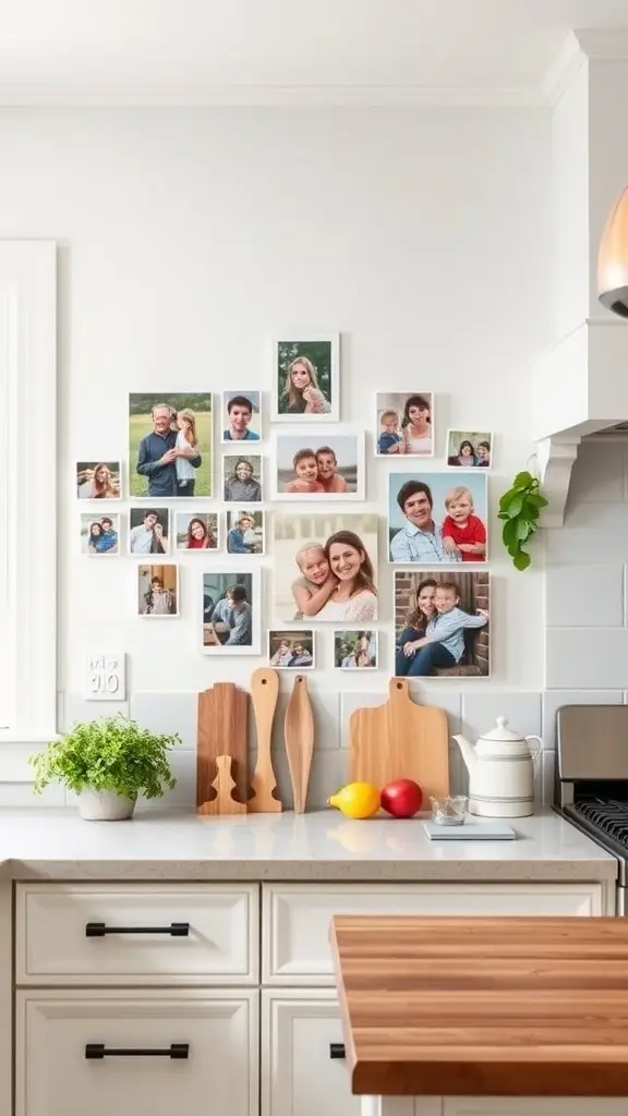A cozy farmhouse kitchen wall decorated with family photos and personalized wall art.