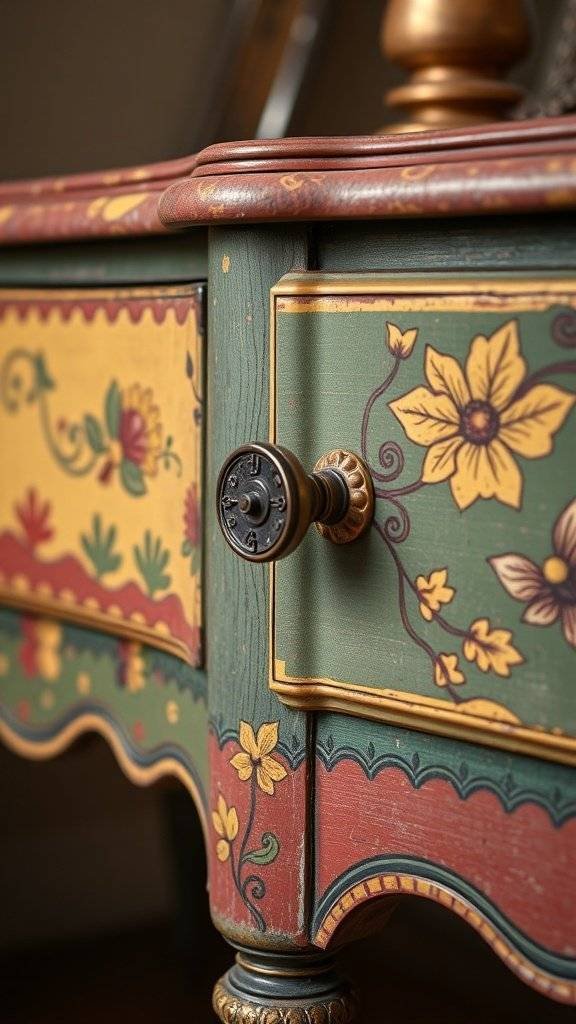 A map of Europe with various hand-painted furniture pieces displayed around it.