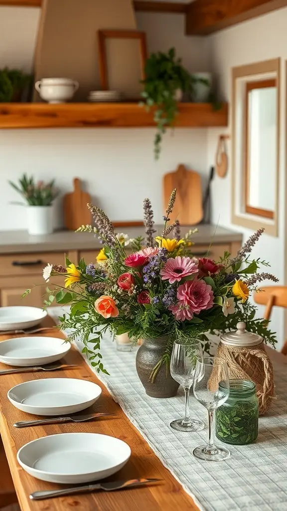 A vibrant floral centerpiece in a farmhouse kitchen, featuring colorful wildflowers in a rustic vase on a wooden table.