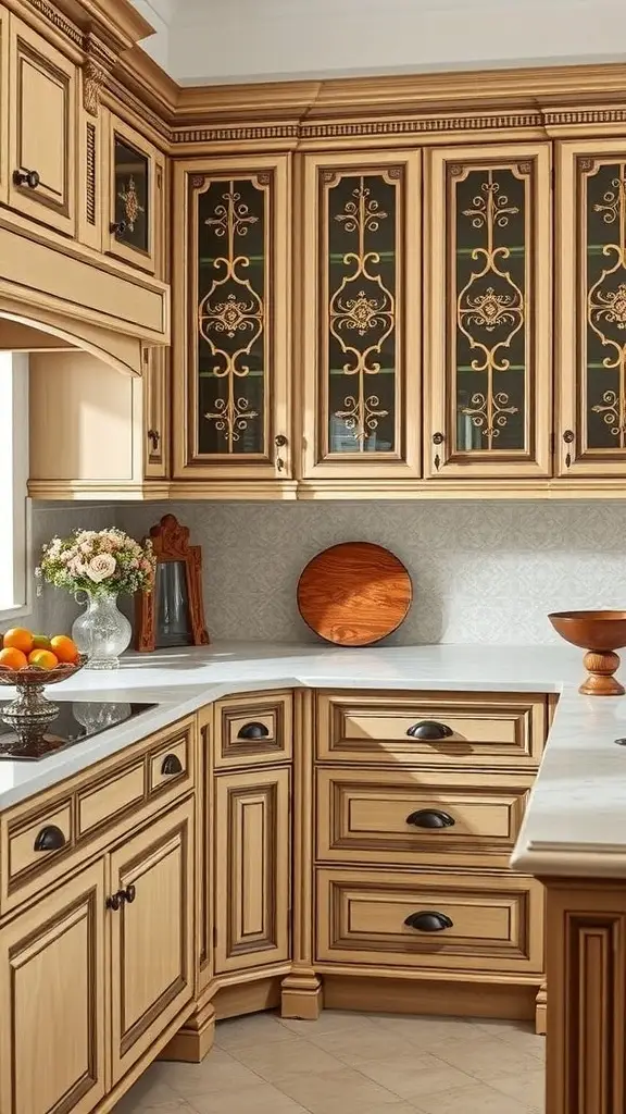 A cozy farmhouse kitchen with light wood cabinetry and glass-fronted cabinets, featuring black hardware and a warm atmosphere.