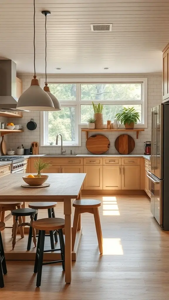 A bright and inviting farmhouse kitchen with wooden furniture and plants.