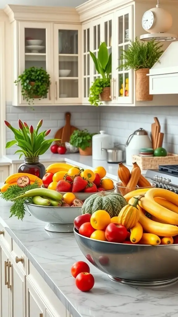 A cozy farmhouse kitchen filled with colorful fruits and vegetables, showcasing a vibrant display of fresh produce.