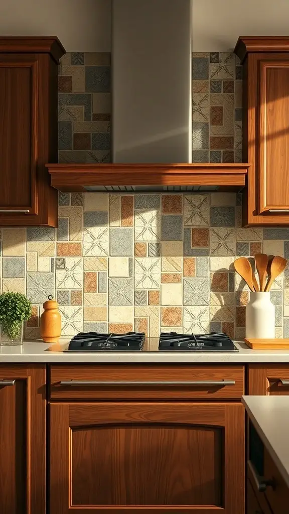 A farmhouse kitchen with an earthy tile backsplash featuring a patchwork design in warm colors.