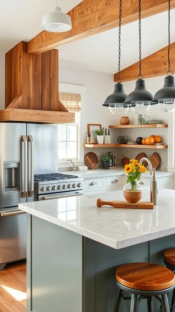 A modern farmhouse kitchen with wooden beams, open shelving, and stainless steel appliances.