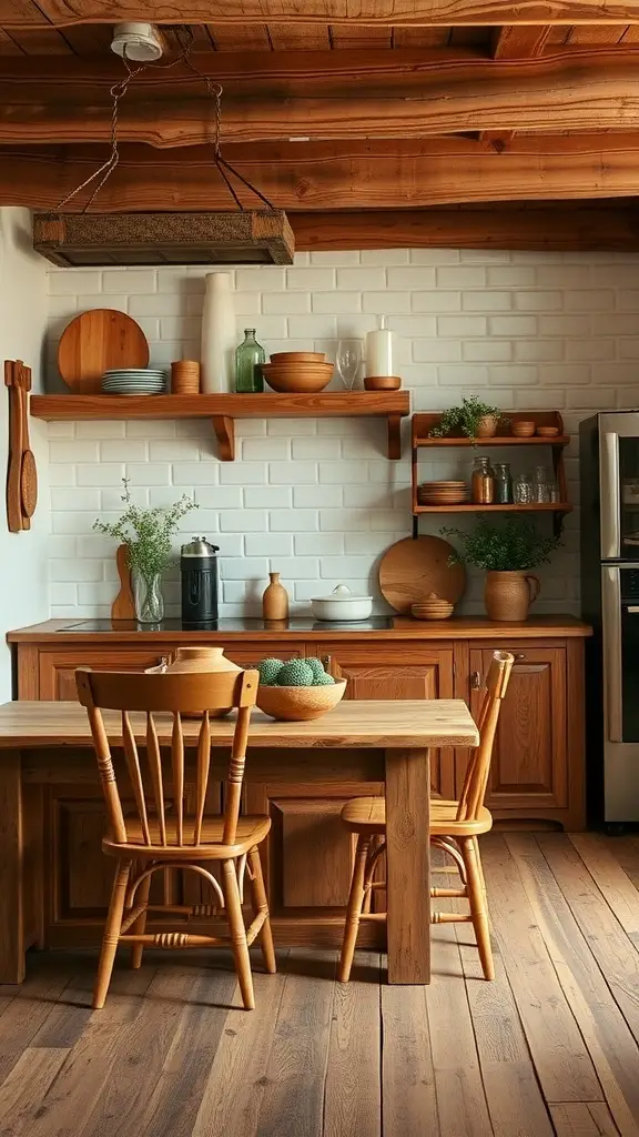 A cozy farmhouse kitchen featuring handcrafted wooden furniture, including a table and chairs, with a rustic design.