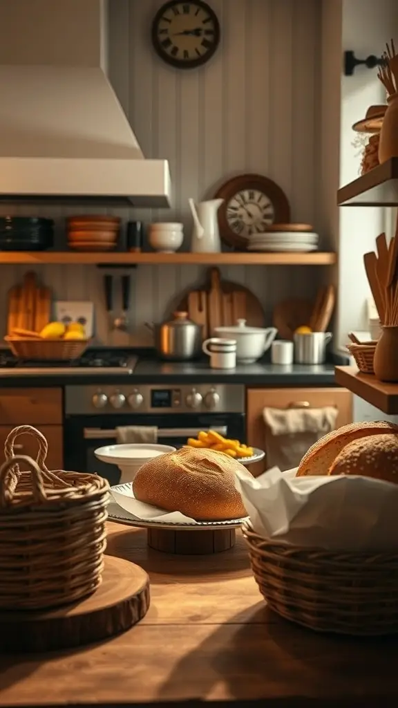 A cozy farmhouse kitchen with freshly baked bread on display, showcasing a warm and inviting atmosphere.