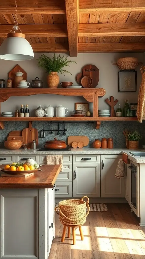 A cozy farmhouse kitchen with wooden shelves, pottery, and a basket, inspired by the Riverlands of Game of Thrones.