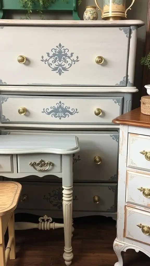 A vintage hand painted green dresser with decorative hardware, surrounded by other antique furniture and wall art.