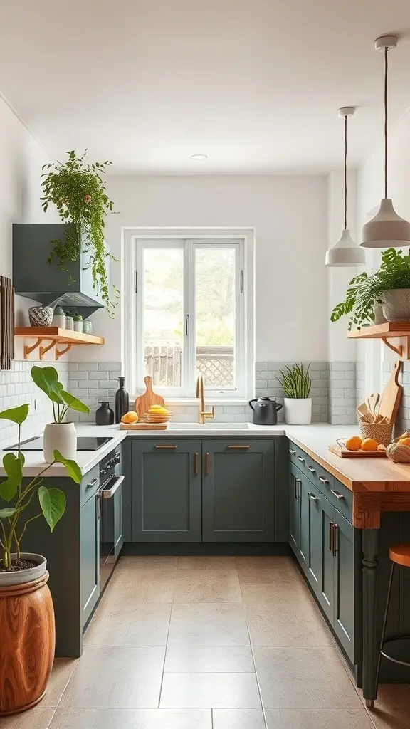 A modern farmhouse kitchen with green cabinets, wooden countertops, and plants on shelves.